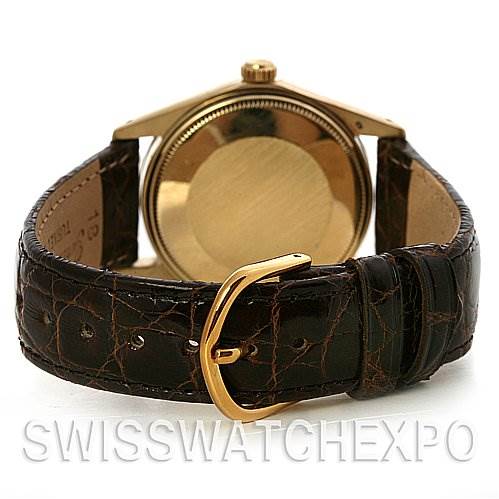 This image shows the back case and leather strap of the Rolex Date 1503 Men's Yellow Gold Blue Dial 1503 Men's Yellow Gold Blue Dial model watch, viewed from the rear angle.