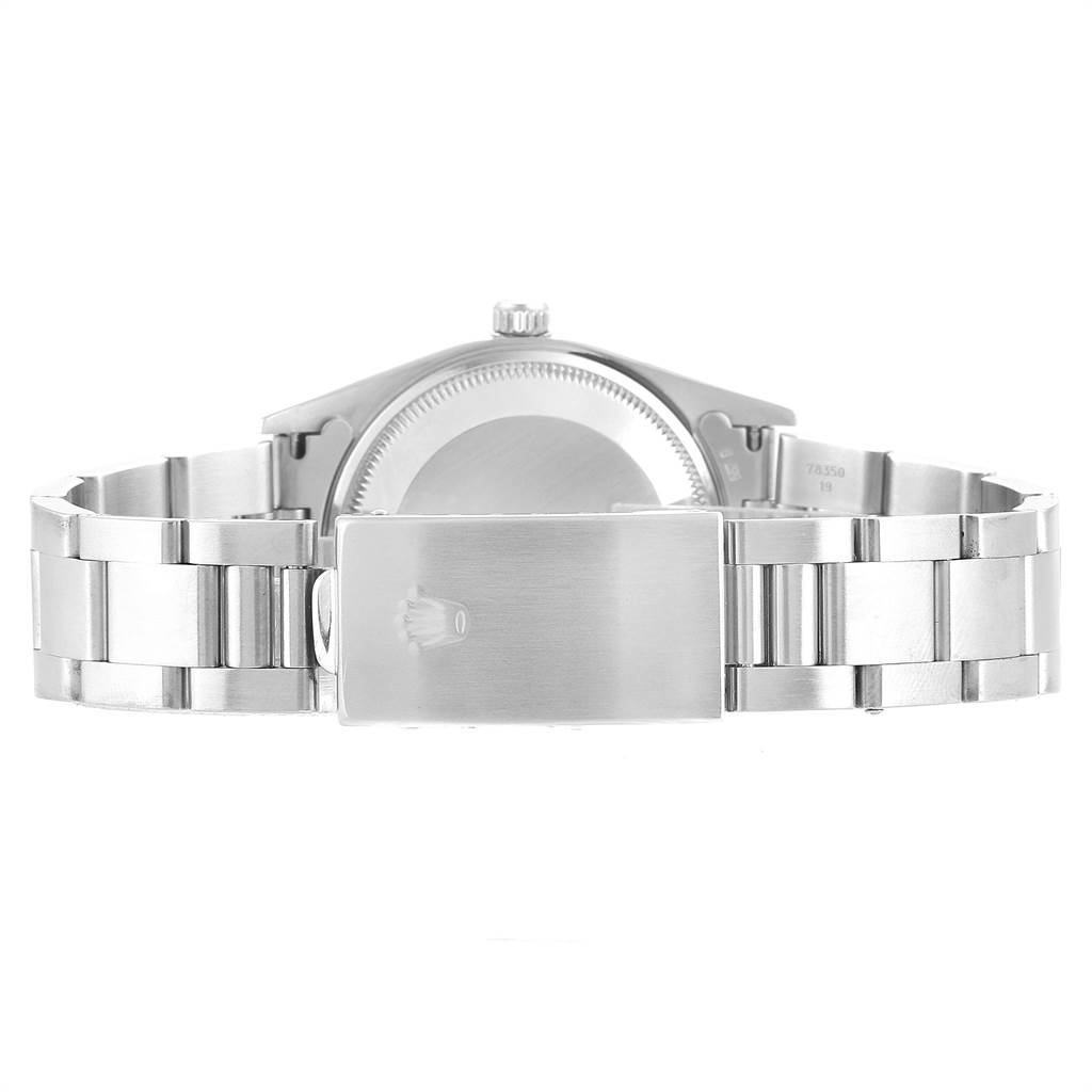 The image shows the back view of a Rolex Date 15200 Men's Stainless Steel Blue Dial 15200 Men's Stainless Steel Blue Dial model watch, highlighting its stainless steel bracelet and clasp.