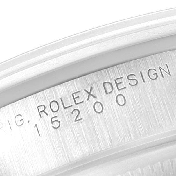 This image shows a close-up of the inner bezel with the model number "15200" of a Rolex Date 15200 Men's Stainless Steel Blue Dial 15200 Men's Stainless Steel Blue Dial watch.