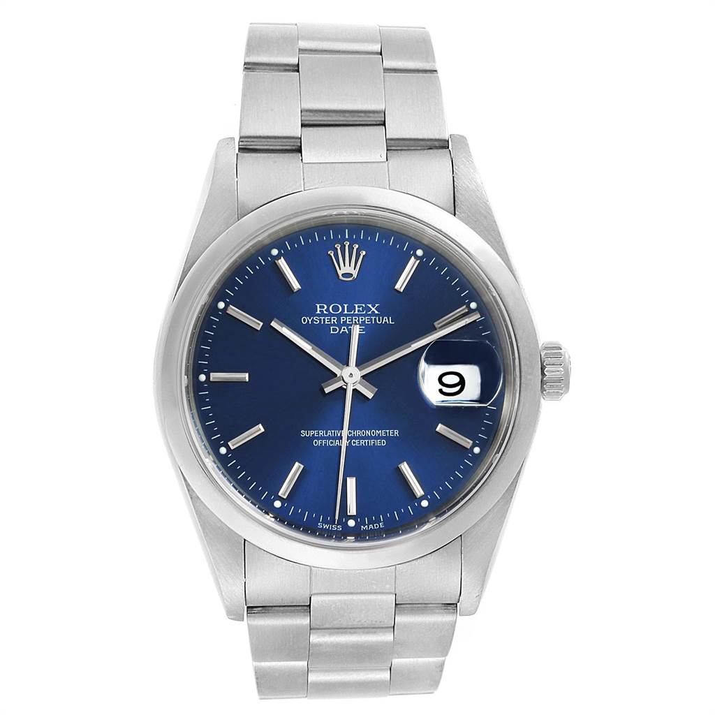 This image shows a front view of a Rolex Date 15200 Men's Stainless Steel Blue Dial 15200 Men's Stainless Steel Blue Dial model, displaying its blue dial, hands, date window, and stainless steel bracelet.