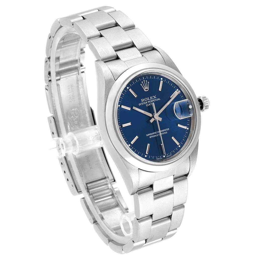 This image shows a Rolex Date 15200 Men's Stainless Steel Blue Dial 15200 Men's Stainless Steel Blue Dial model watch from a three-quarter angle, highlighting the blue dial, stainless steel bracelet, and clasp.