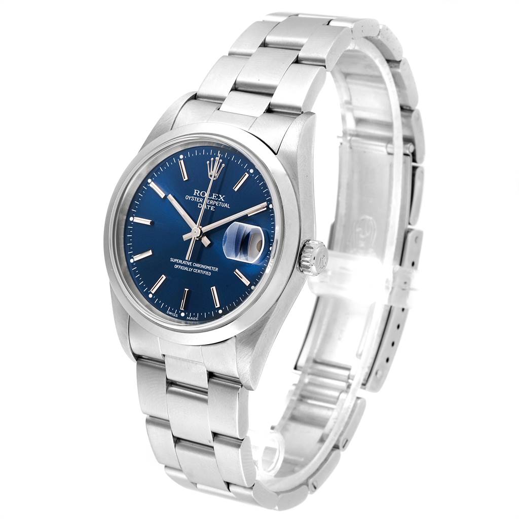 The Rolex Date 15200 Men's Stainless Steel Blue Dial 15200 Men's Stainless Steel Blue Dial model watch is shown at a three-quarter angle, displaying the dial, bracelet, and crown.