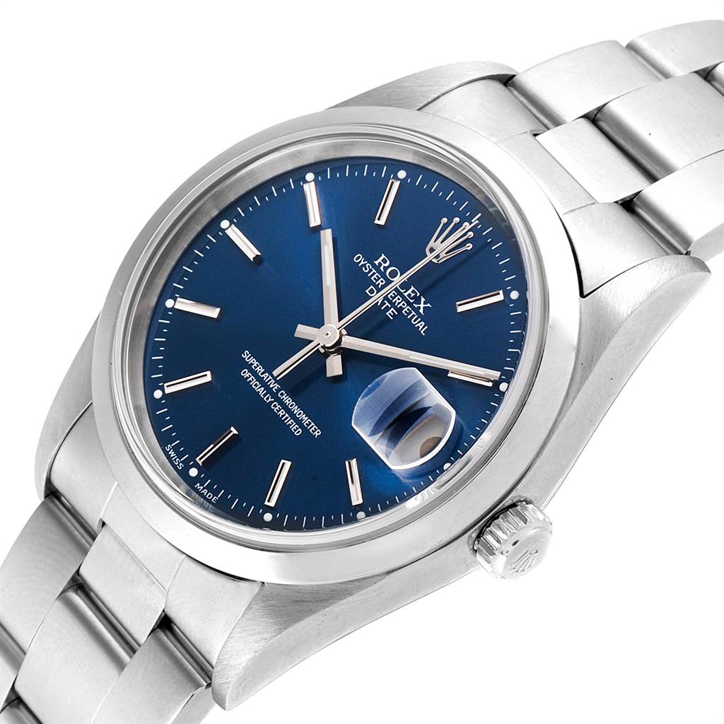 The image shows a close-up angle of the Rolex Date 15200 Men's Stainless Steel Blue Dial 15200 Men's Stainless Steel Blue Dial model watch, highlighting its blue dial, cyclops lens date, and stainless steel bracelet.
