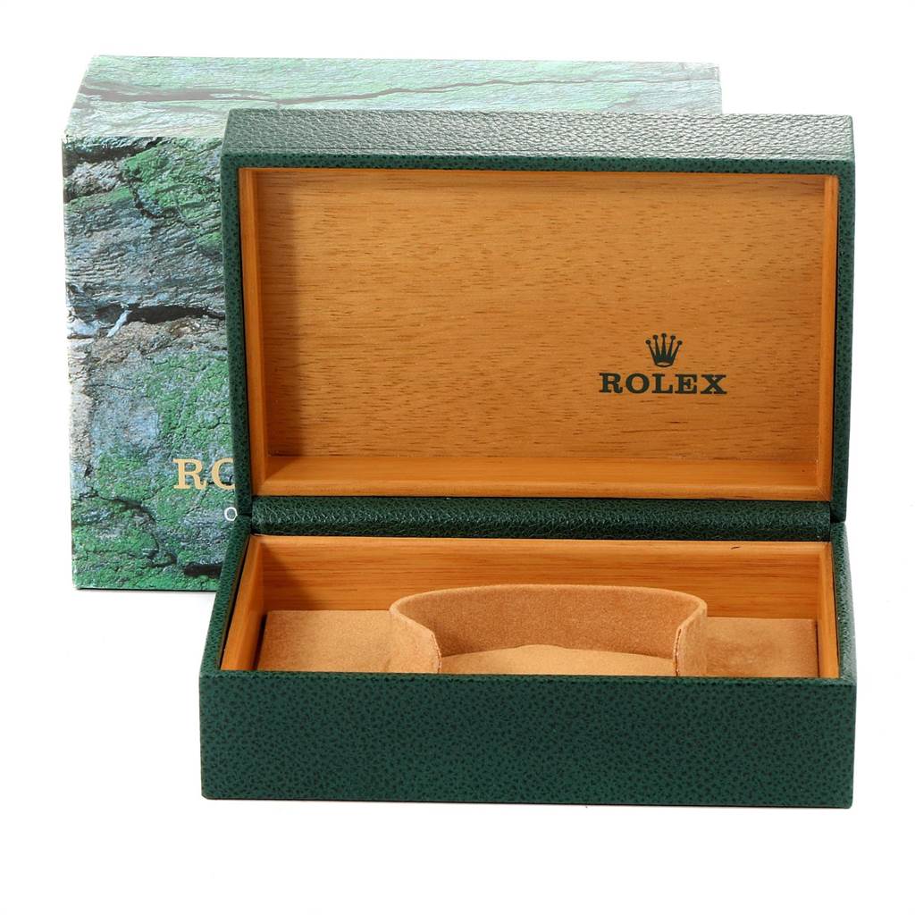 This image shows an open Rolex Date 15200 Men's Stainless Steel Blue Dial 15200 Men's Stainless Steel Blue Dial model watch box with the logo visible inside the lid.