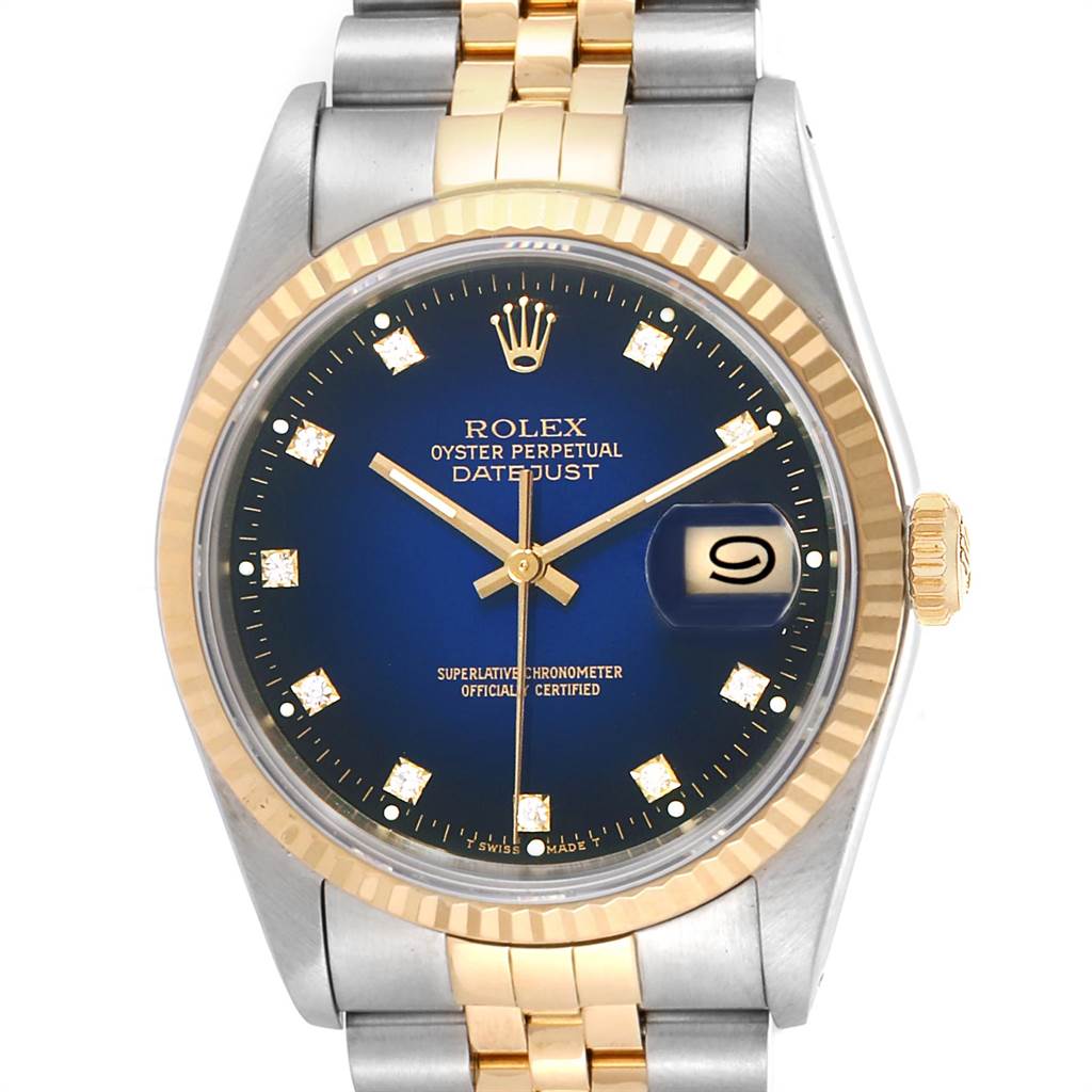 The image shows a front view of a Rolex Date 16233 Men's Steel and Gold (two tone) Blue Dial 16233 Men's Steel and Gold (two tone) Blue Dial model watch, featuring its face, bezel, crown, and part of the bracelet.