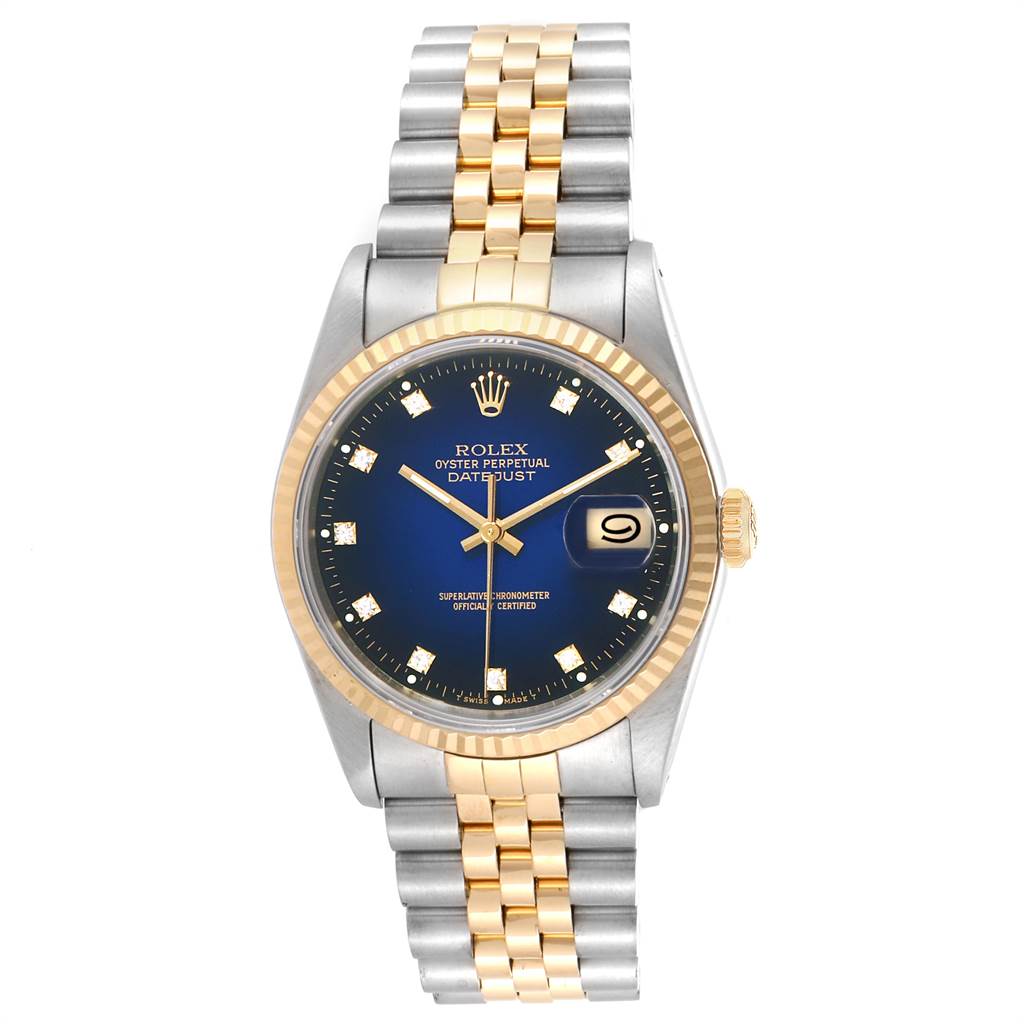 The image shows a Rolex Date 16233 Men's Steel and Gold (two tone) Blue Dial 16233 Men's Steel and Gold (two tone) Blue Dialjust watch from a frontal angle, highlighting the dial, bezel, and two-tone bracelet.