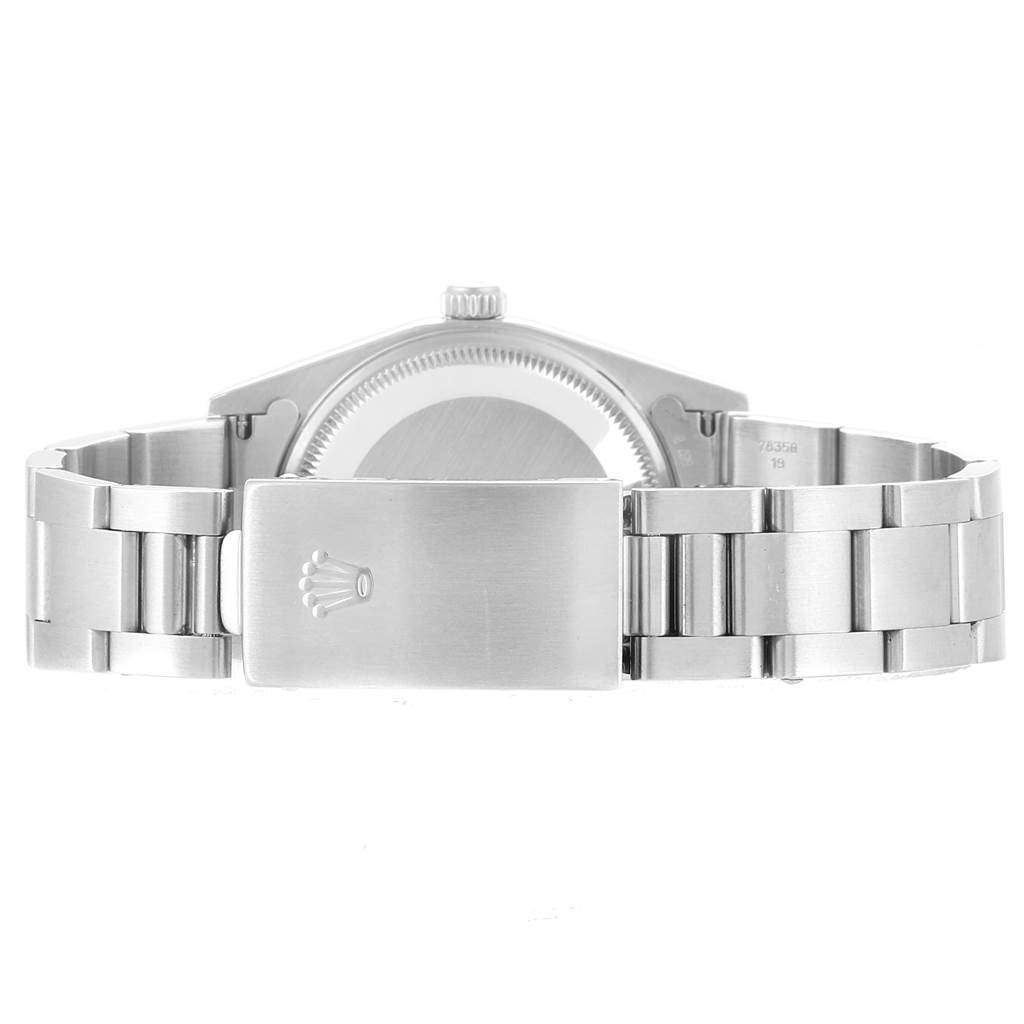 The image shows the clasp, bracelet, and back case of a Rolex Date 15200 Men's Stainless Steel Pink Dial 15200 Men's Stainless Steel Pink Dial model watch from a rear angle.