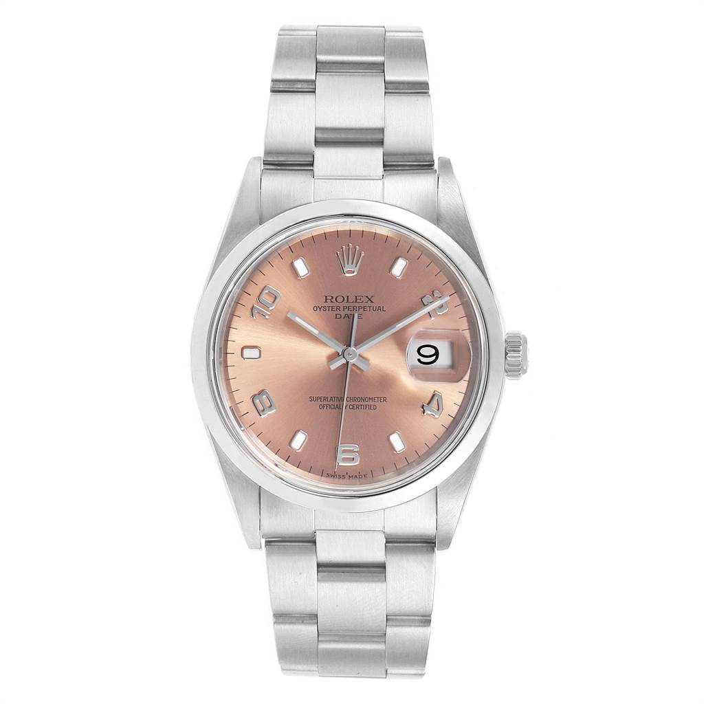 The Rolex Date 15200 Men's Stainless Steel Pink Dial 15200 Men's Stainless Steel Pink Dial watch is shown from a front angle, displaying the dial, bezel, case, bracelet, and the date window at 3 o'clock.