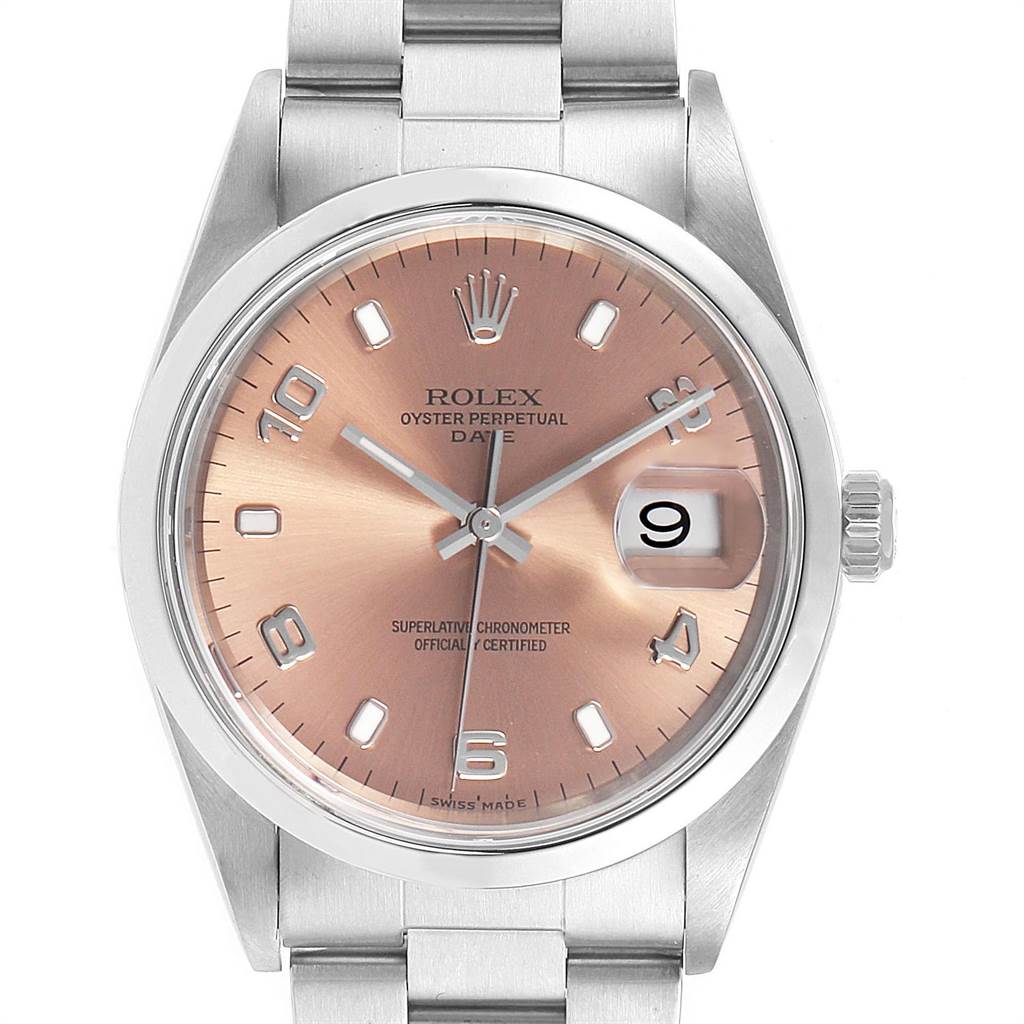 This image shows a front view of the Rolex Date 15200 Men's Stainless Steel Pink Dial 15200 Men's Stainless Steel Pink Dial model watch with a salmon-hued dial and a date window at 3 o'clock.