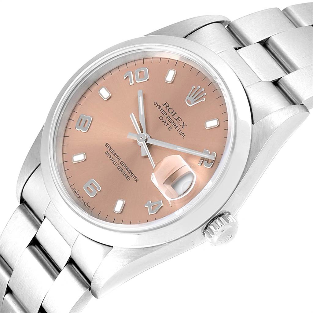 This image shows a Rolex Date 15200 Men's Stainless Steel Pink Dial 15200 Men's Stainless Steel Pink Dial model watch at a slight angle, highlighting its face, crown, and bracelet.
