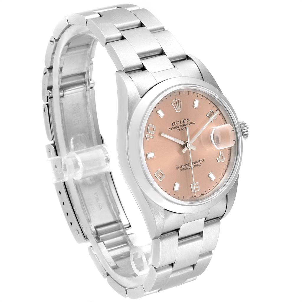 The image shows a Rolex Date 15200 Men's Stainless Steel Pink Dial 15200 Men's Stainless Steel Pink Dial model watch at a slight angle, displaying the dial, bracelet, and part of the clasp.