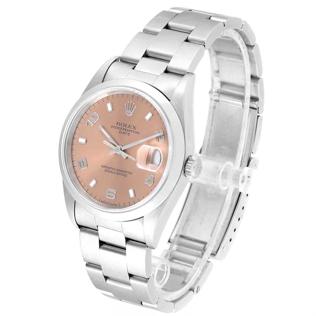 The image shows a Rolex Oyster Perpetual Date watch from a right-side angle, highlighting the face, bracelet, and case.