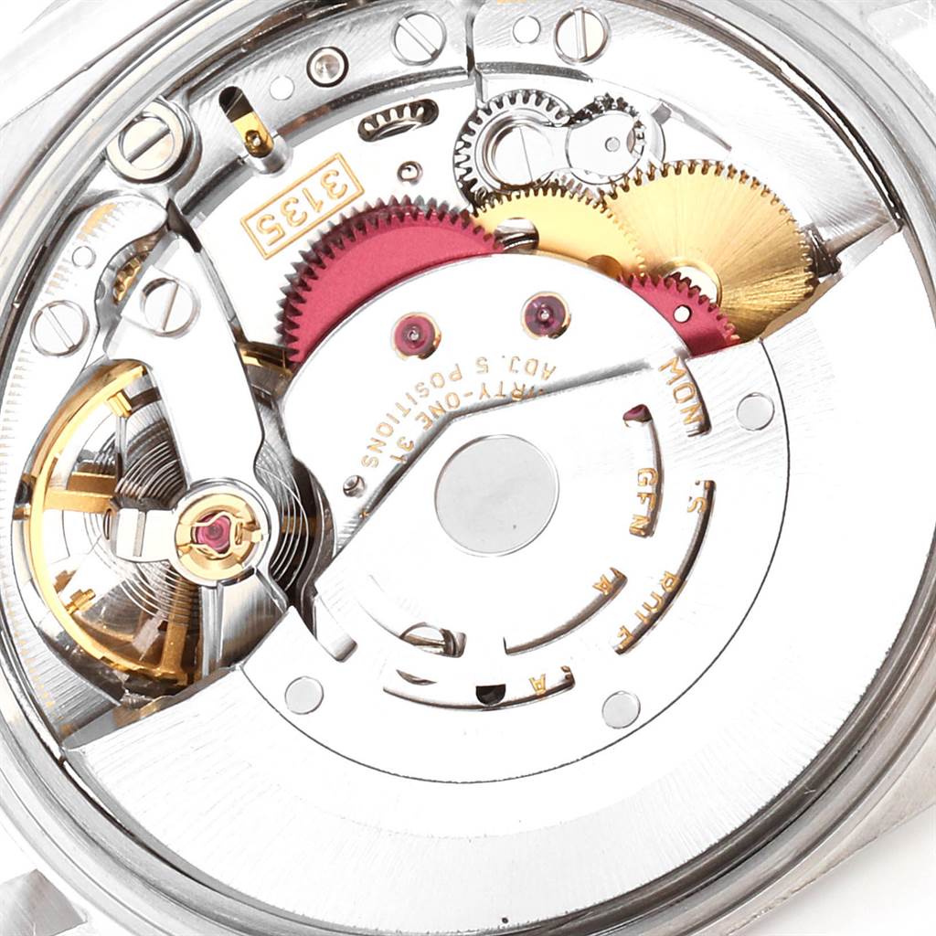 This is a close-up view of the Rolex Date 15200 Men's Stainless Steel Pink Dial 15200 Men's Stainless Steel Pink Dial model watch movement, showcasing its intricate internal components.