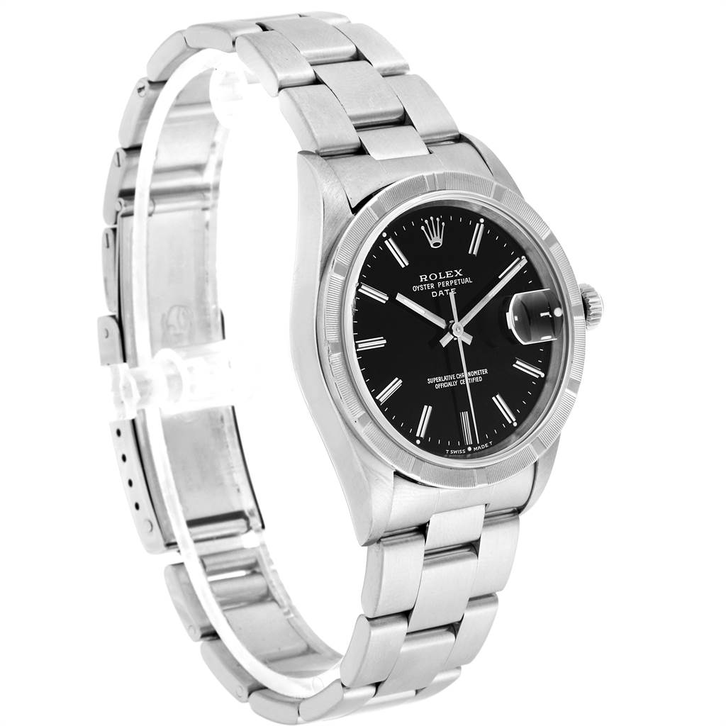 The image shows a side angle of the Rolex Oyster Perpetual Date, highlighting its stainless steel bracelet and black dial.