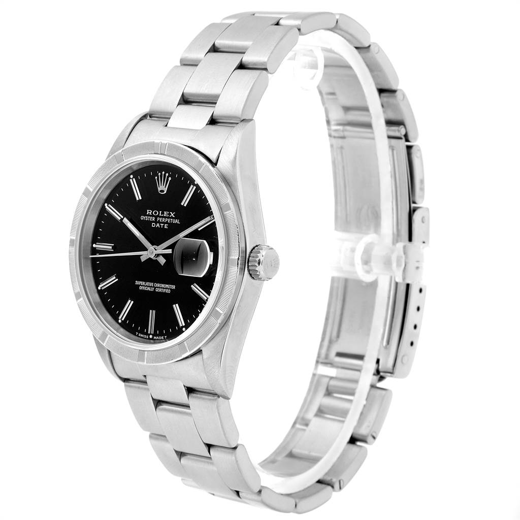 This Rolex Date 15210 Men's Stainless Steel Black Dial 15210 Men's Stainless Steel Black Dial model watch is shown at a slight angle, highlighting the dial, case, bracelet, and clasp.