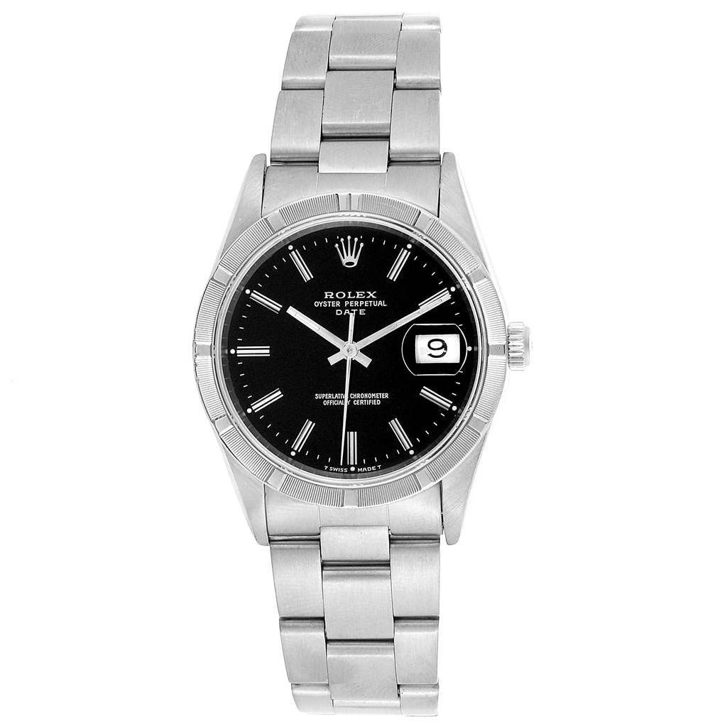 This image shows a frontal view of the Rolex Date 15210 Men's Stainless Steel Black Dial 15210 Men's Stainless Steel Black Dial model, highlighting its black dial, date window, and stainless steel bracelet and case.