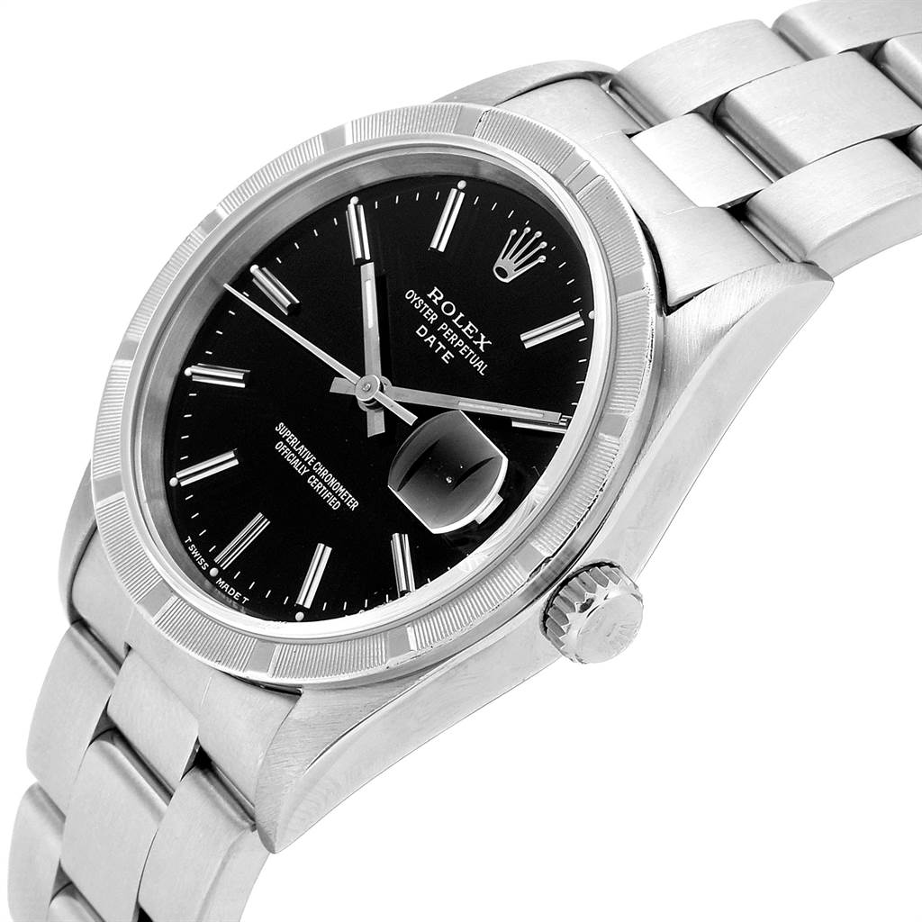 The image shows a Rolex Date 15210 Men's Stainless Steel Black Dial 15210 Men's Stainless Steel Black Dial model watch angled to display the black dial, date window, crown, and part of the metal bracelet.