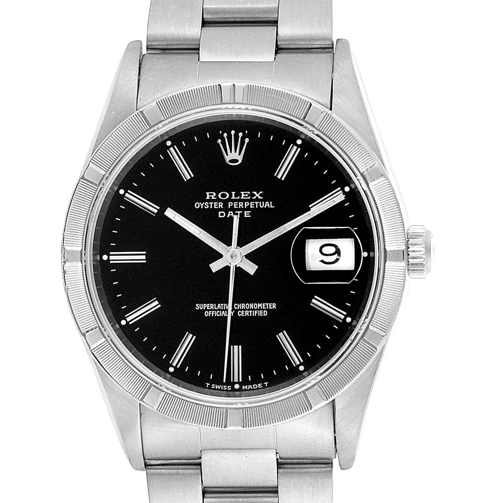 The image shows a front view of a Rolex Oyster Perpetual Date watch, highlighting the dial, hands, bezel, crown, and bracelet.