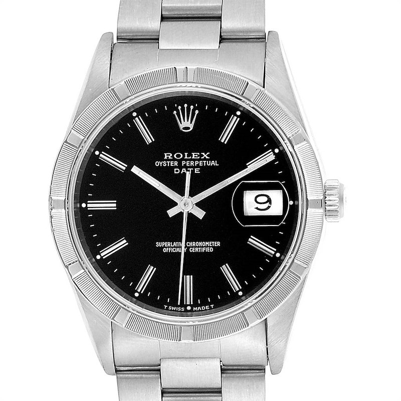 Rolex Date Black Dial Oyster Bracelet Steel Mens Watch 15210 SwissWatchExpo
