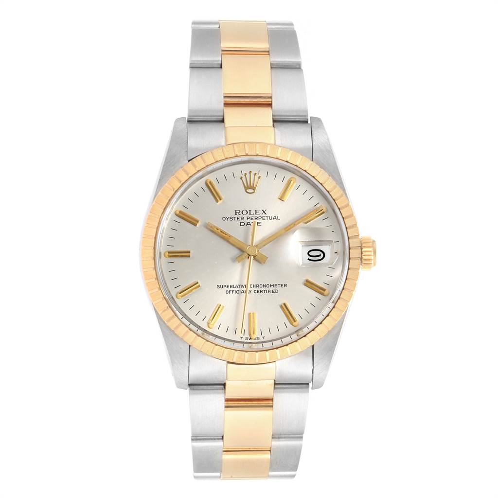 This image shows a front view of a Rolex Date 15053 Men's Steel and Gold (two tone) Silver Dial 15053 Men's Steel and Gold (two tone) Silver Dial model watch, displaying the dial, bezel, crown, and bracelet.