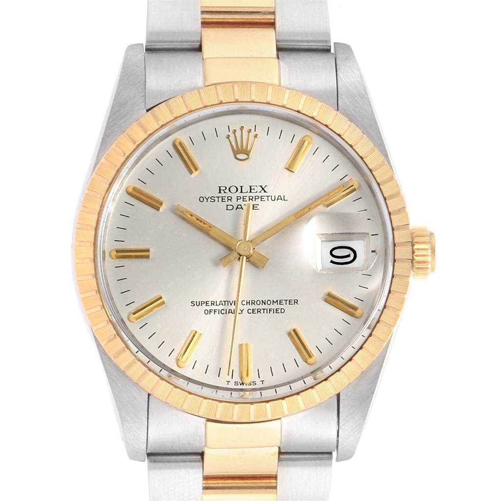 This image shows a frontal view of a Rolex Oyster Perpetual Date watch, highlighting its face, bezel, and part of the bracelet.
