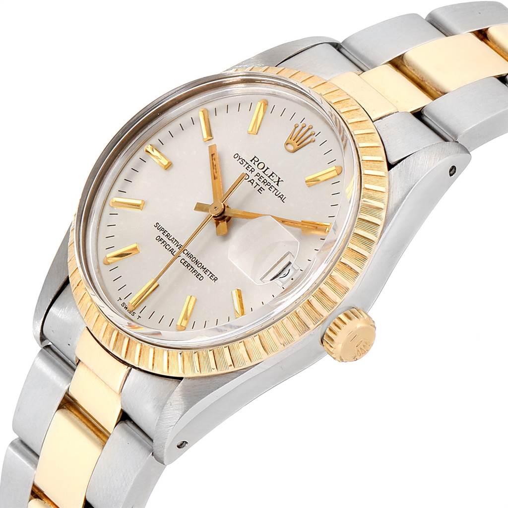 The image shows a close-up of a Rolex Date 15053 Men's Steel and Gold (two tone) Silver Dial 15053 Men's Steel and Gold (two tone) Silver Dial model watch, highlighting the dial, bezel, crown, and part of the bracelet.
