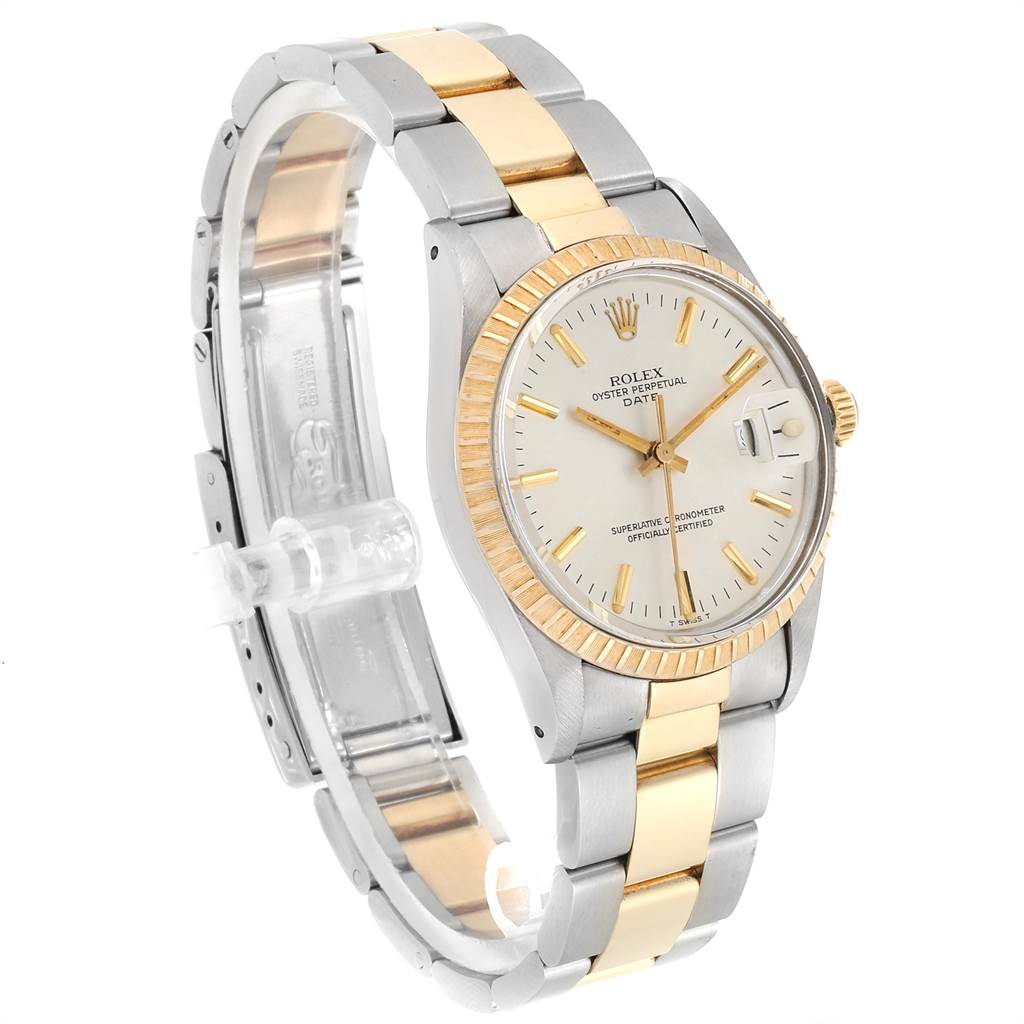 The image shows a Rolex Date 15053 Men's Steel and Gold (two tone) Silver Dial 15053 Men's Steel and Gold (two tone) Silver Dial model watch at a front-left angle, highlighting the dial, bezel, and bracelet.