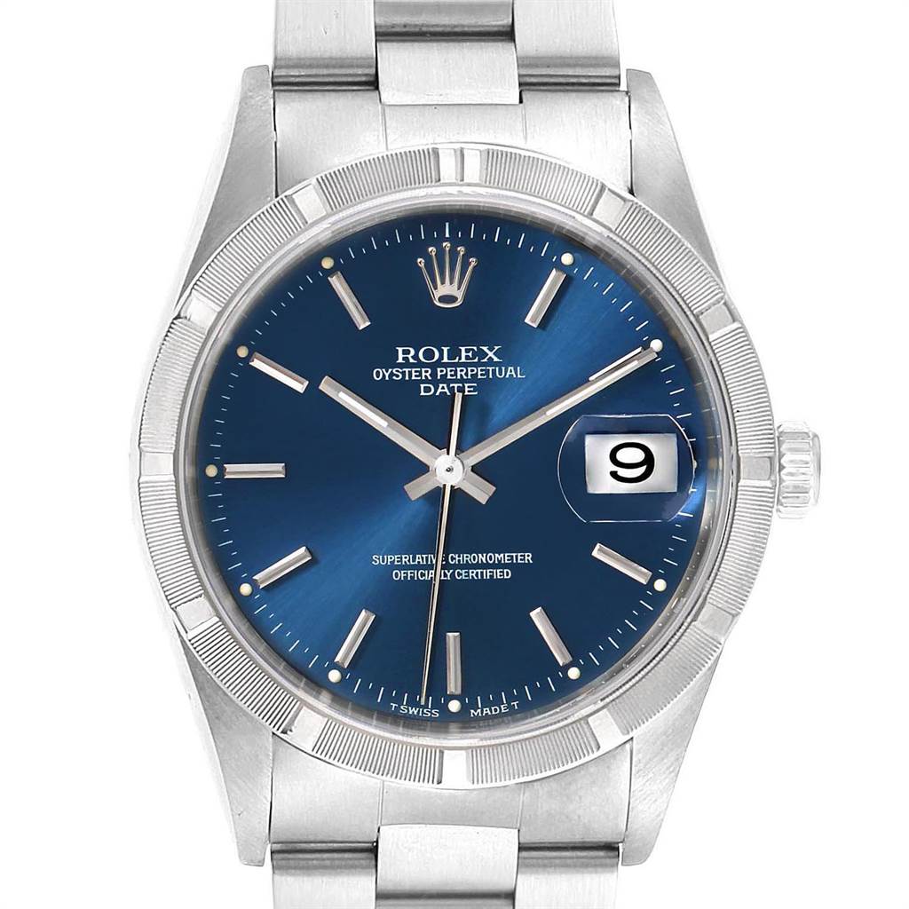 This Rolex Date 15210 Men's Stainless Steel Blue Dial 15210 Men's Stainless Steel Blue Dial model watch is shown from a front angle, highlighting the dial, bezel, and bracelet.