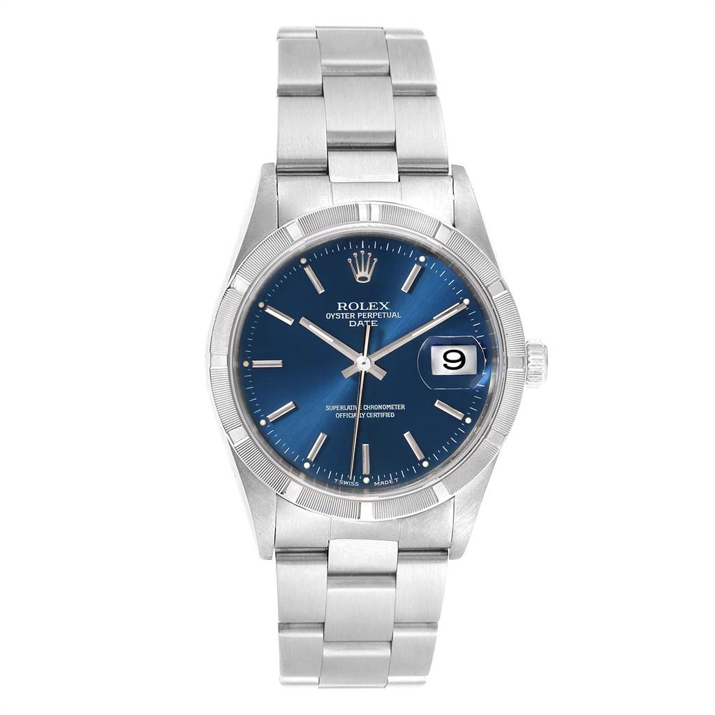 The image shows a frontal view of the Rolex Date 15210 Men's Stainless Steel Blue Dial 15210 Men's Stainless Steel Blue Dial model, featuring its blue dial, date window, and stainless steel bracelet.