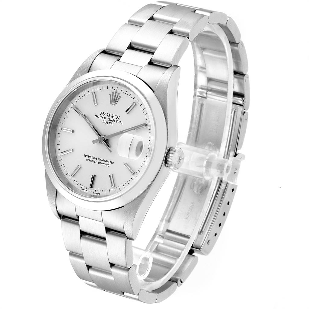 The image shows a Rolex Date 15200 Men's Stainless Steel Silver Dial 15200 Men's Stainless Steel Silver Dial model watch at an angle revealing its face, crown, and bracelet.