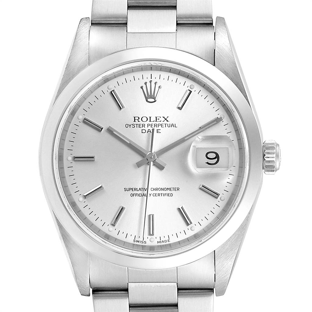 This image shows a front view of a Rolex Oyster Perpetual Date, highlighting its dial, hands, date window, and part of the bracelet.