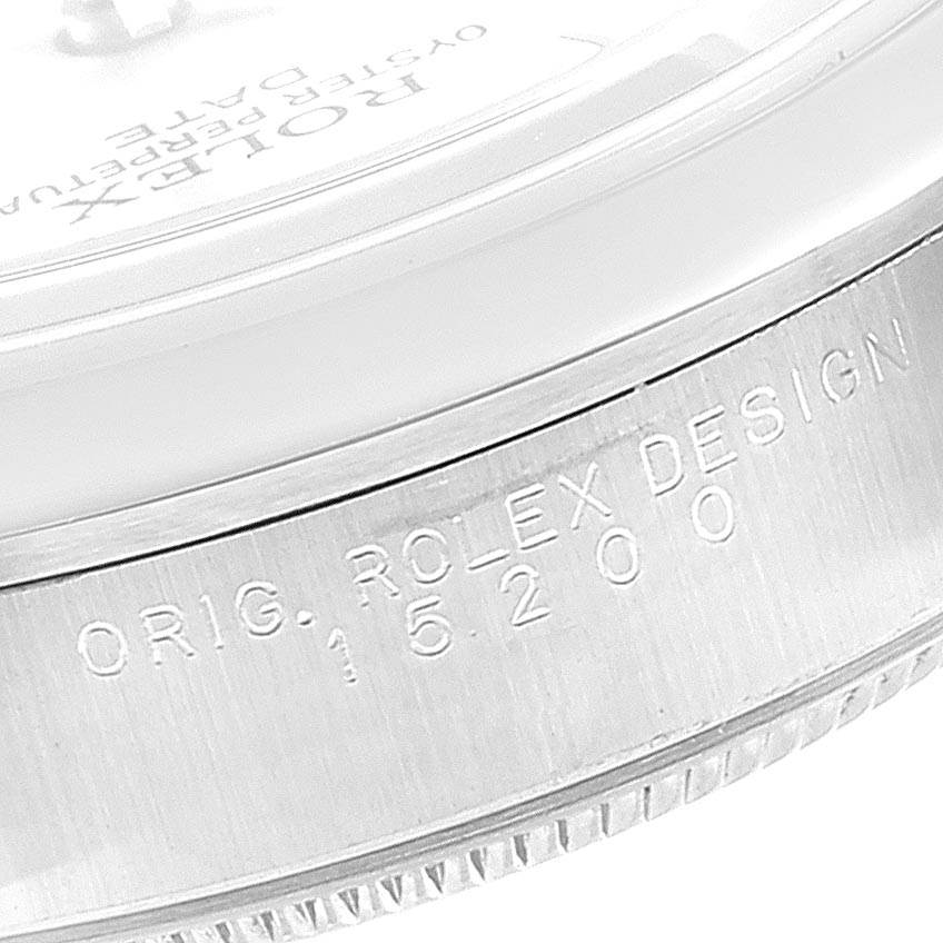 The image shows the side view of a Rolex Date 15200 Men's Stainless Steel Silver Dial 15200 Men's Stainless Steel Silver Dial model, highlighting the bezel and inscription on the side.