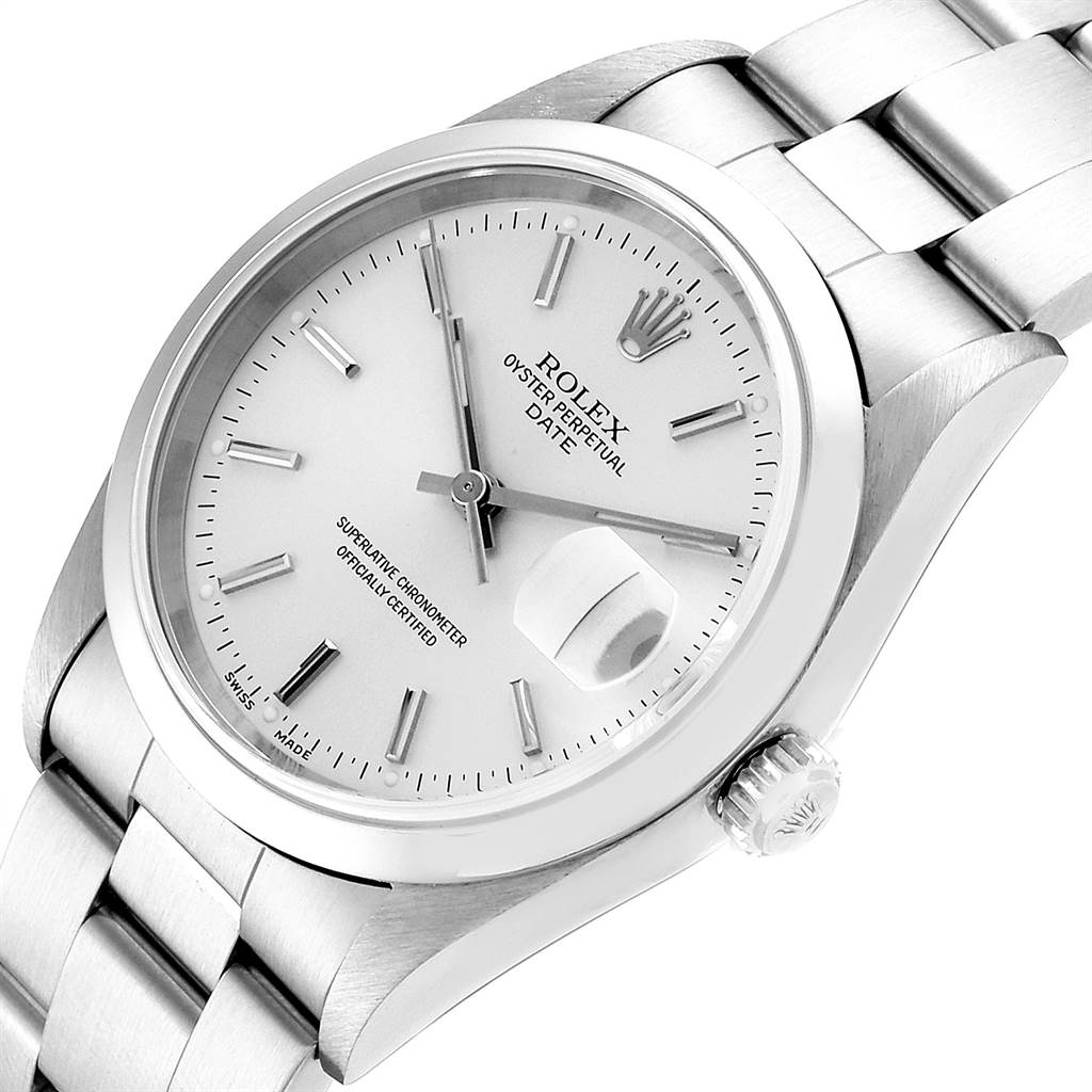 The image shows a top-right angled view of the Rolex Date 15200 Men's Stainless Steel Silver Dial 15200 Men's Stainless Steel Silver Dial watch, highlighting its dial, crown, and part of the bracelet.