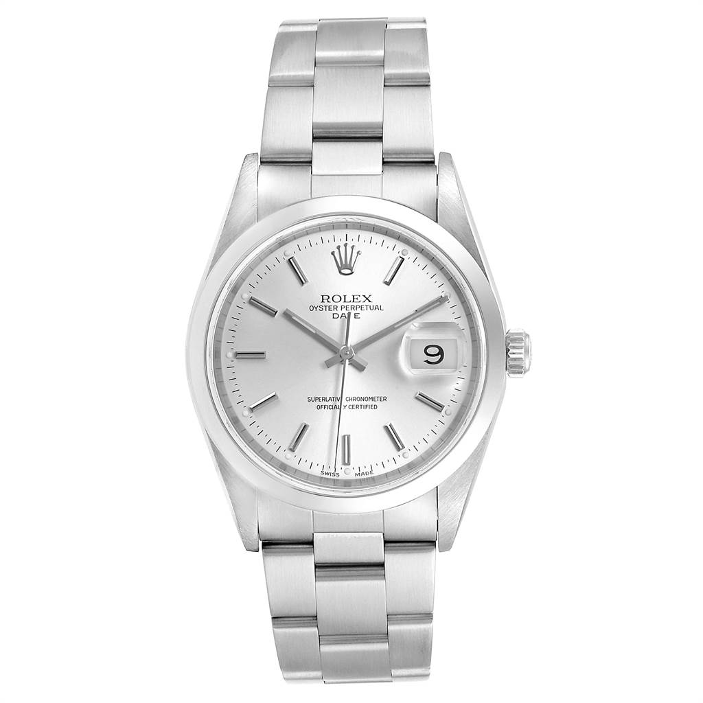 The image shows a front view of a Rolex Date 15200 Men's Stainless Steel Silver Dial 15200 Men's Stainless Steel Silver Dial model watch, highlighting its dial, hands, bracelet, and date feature.