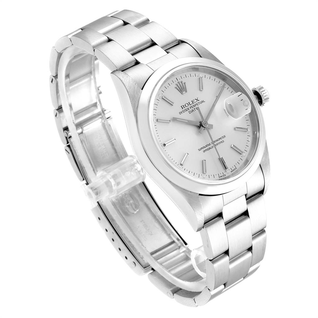 This is a Rolex Date 15200 Men's Stainless Steel Silver Dial 15200 Men's Stainless Steel Silver Dial model watch shown at a three-quarter angle, displaying its face, bracelet, and clasp.