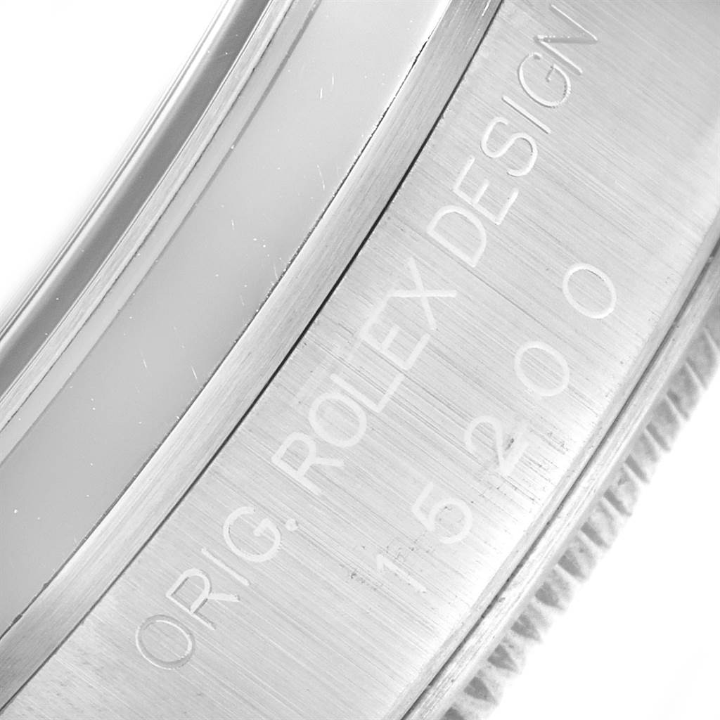 This close-up image shows the side of the bezel with engraved text on the Rolex Date 15200 Men's Stainless Steel Blue Dial 15200 Men's Stainless Steel Blue Dial model watch.