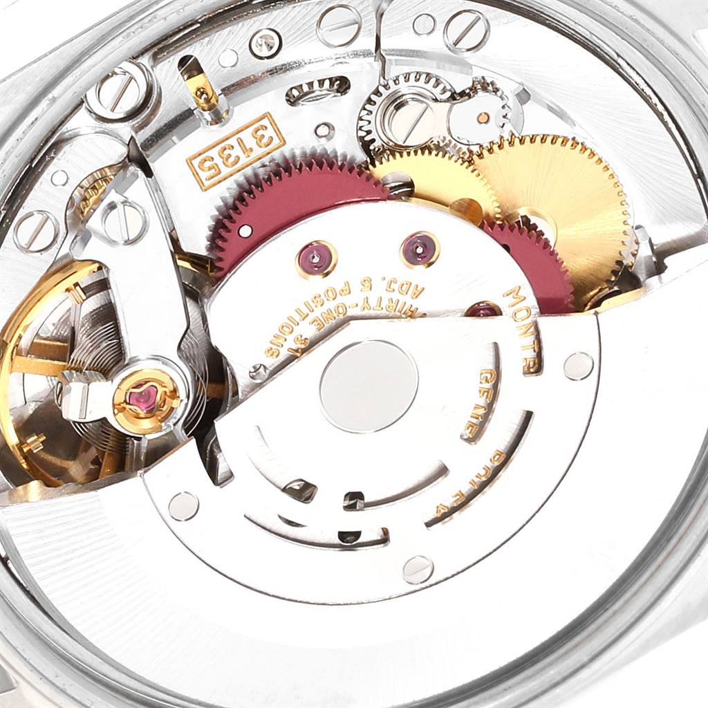 This is a close-up view of the internal mechanics of a Rolex Date 15200 Men's Stainless Steel Blue Dial 15200 Men's Stainless Steel Blue Dial model watch, focusing on its movement parts.