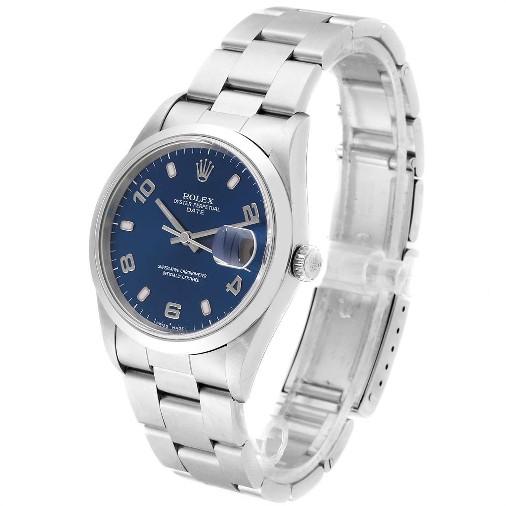 The image shows a Rolex Date 15200 Men's Stainless Steel Blue Dial 15200 Men's Stainless Steel Blue Dial model watch angled to display the dial, bezel, bracelet, and crown.