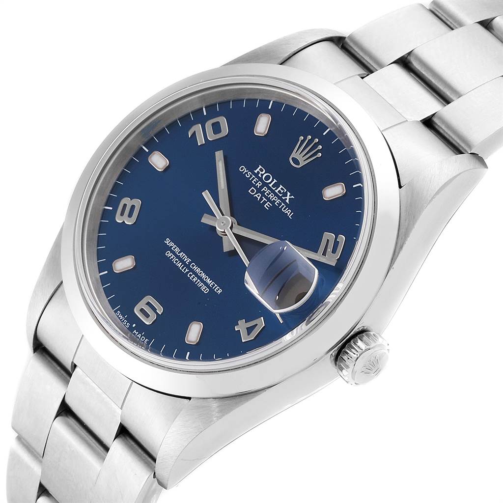 The image shows a Rolex Date 15200 Men's Stainless Steel Blue Dial 15200 Men's Stainless Steel Blue Dial model watch from an angled view, showcasing the blue dial, stainless steel bracelet, and crown.