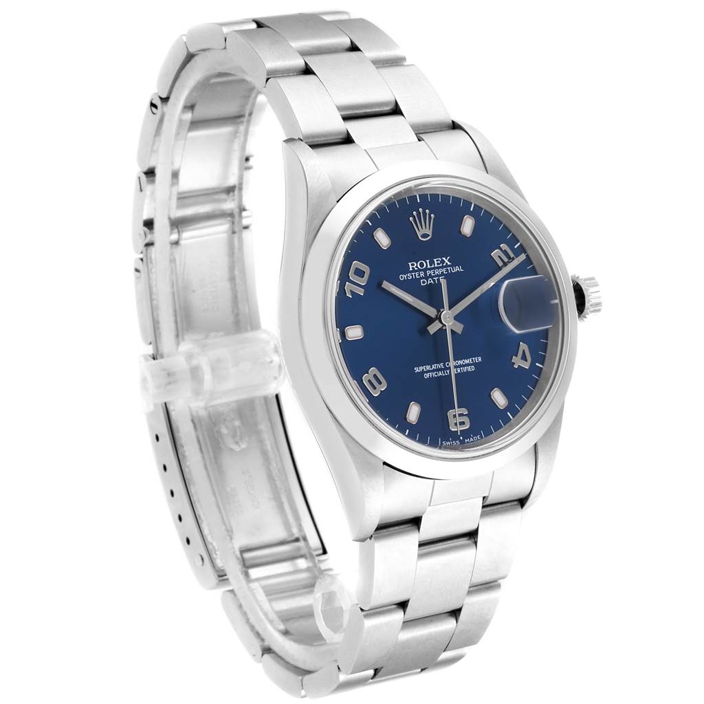 The Rolex Date 15200 Men's Stainless Steel Blue Dial 15200 Men's Stainless Steel Blue Dial model watch is shown at a three-quarter angle displaying the dial, bezel, case, crown, and bracelet.