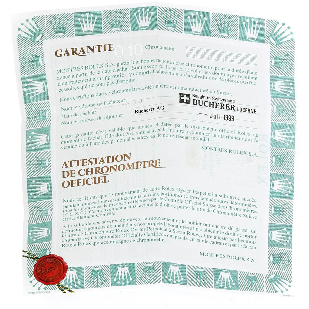 The image shows a Rolex Date 15200 Men's Stainless Steel Blue Dial 15200 Men's Stainless Steel Blue Dial model warranty certificate, featuring official attestations in French.