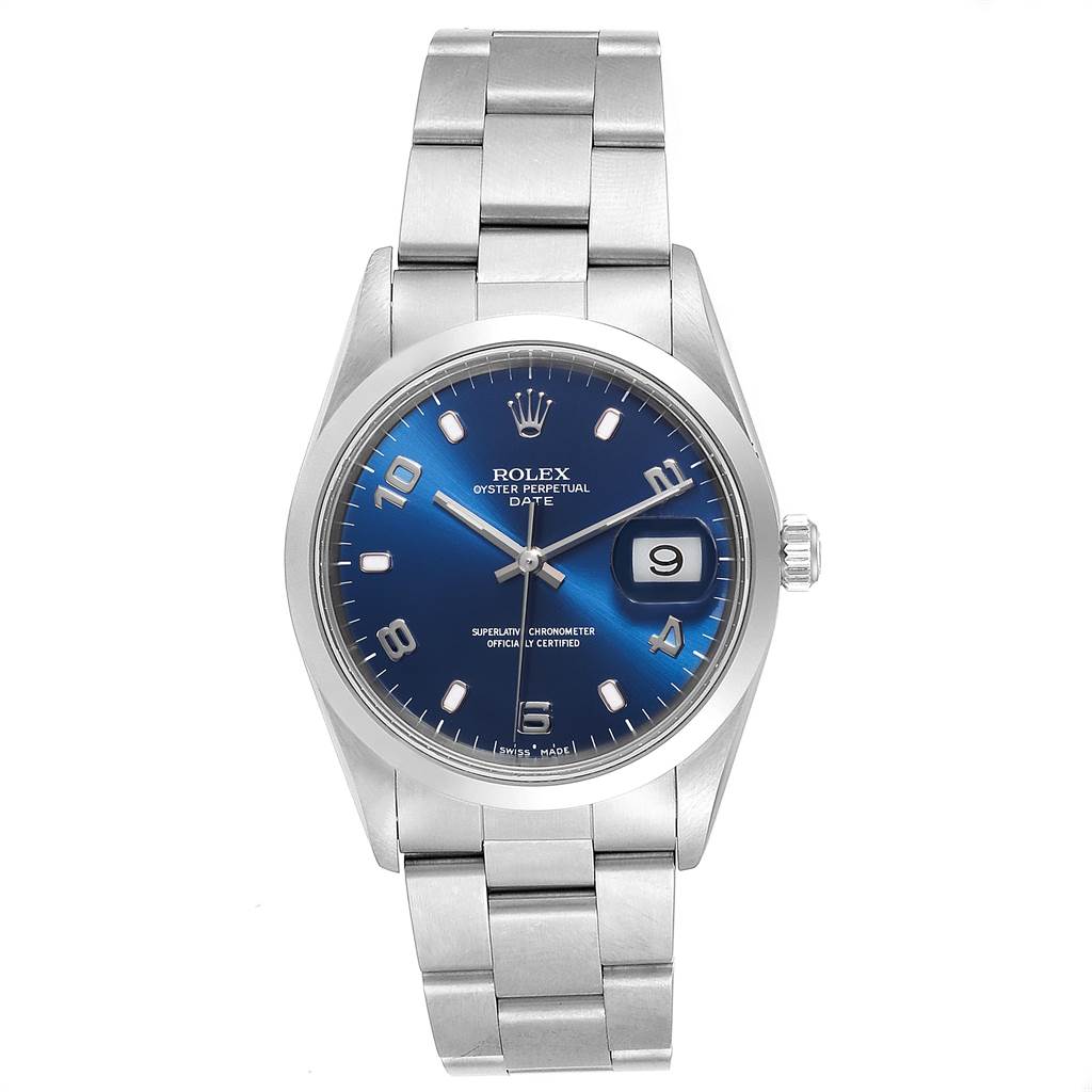 This image shows a front view of a Rolex Oyster Perpetual Date model watch, displaying its blue dial, bracelet, and date window.