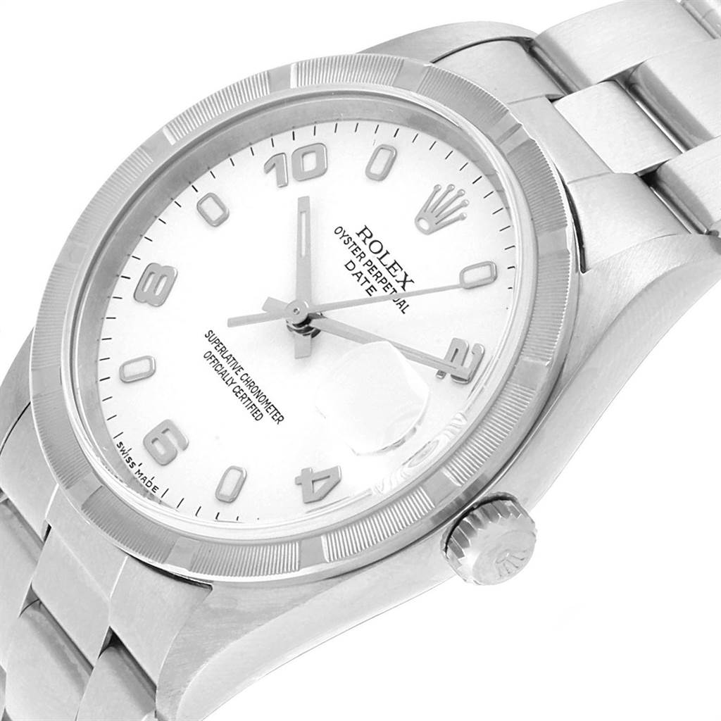 The image shows the Rolex Date 15210 Men's Stainless Steel White Dial 15210 Men's Stainless Steel White Dial model watch from a tilted angle, highlighting the dial, bezel, and part of the bracelet.