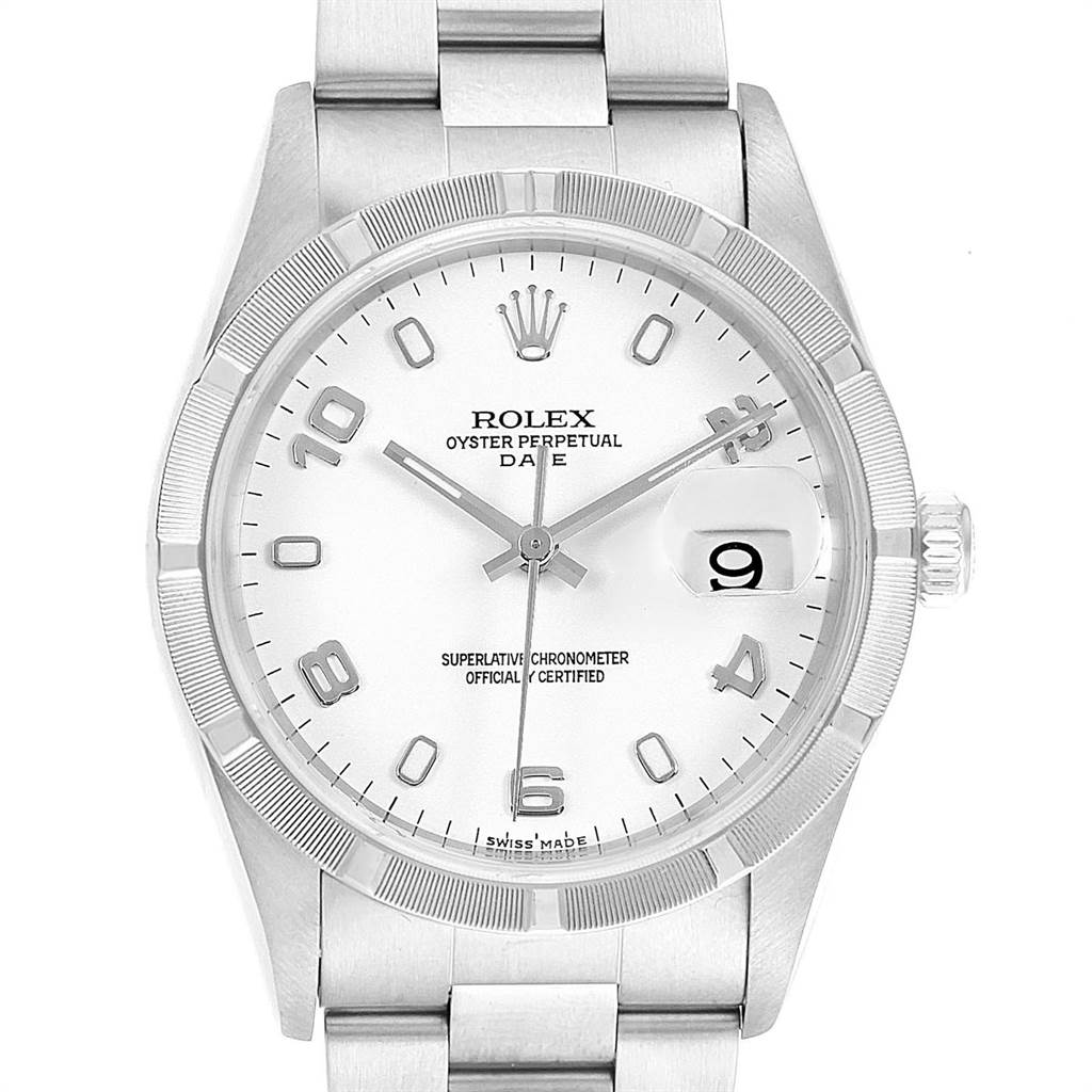 This image shows a front view of the Rolex Date 15210 Men's Stainless Steel White Dial 15210 Men's Stainless Steel White Dial model watch featuring the face, bezel, and part of the bracelet.