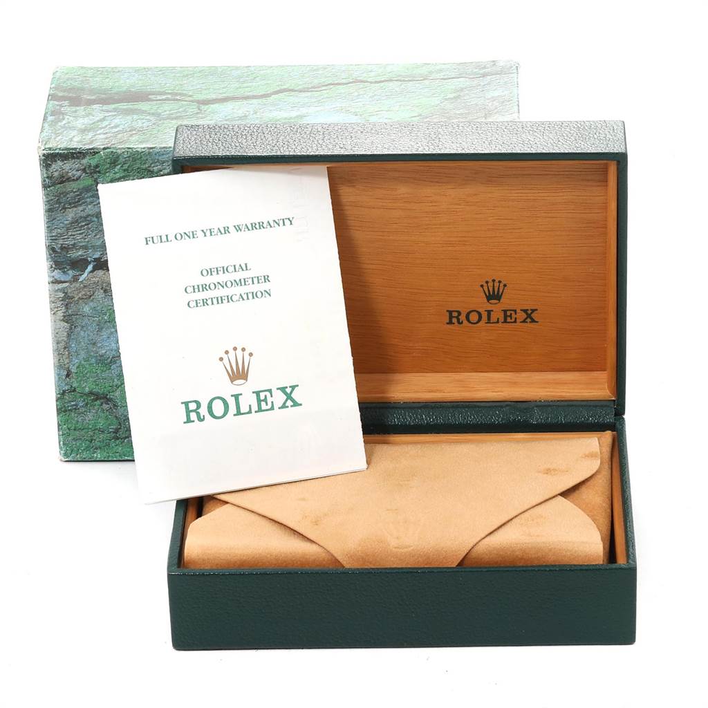 The image shows a Rolex Date 15210 Men's Stainless Steel White Dial 15210 Men's Stainless Steel White Dial model watch box, warranty card, and certificate from a front angle.
