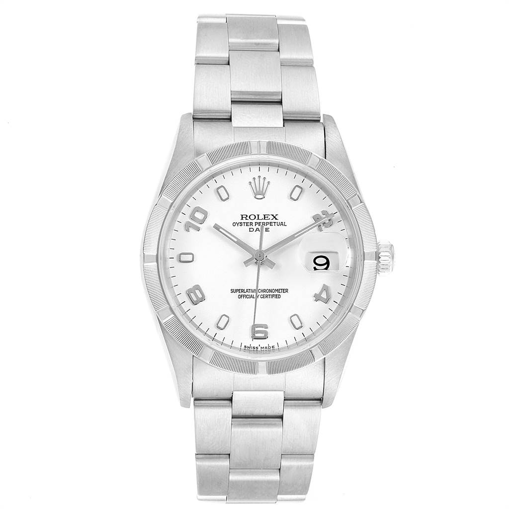 This is a top-down view of a Rolex Date 15210 Men's Stainless Steel White Dial 15210 Men's Stainless Steel White Dial watch, showing the face, bezel, crown, and bracelet.