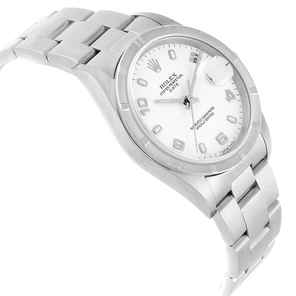 The image shows a side-angle view of the Rolex Date 15210 Men's Stainless Steel White Dial 15210 Men's Stainless Steel White Dial model, highlighting the watch face, bracelet, and date magnifier.