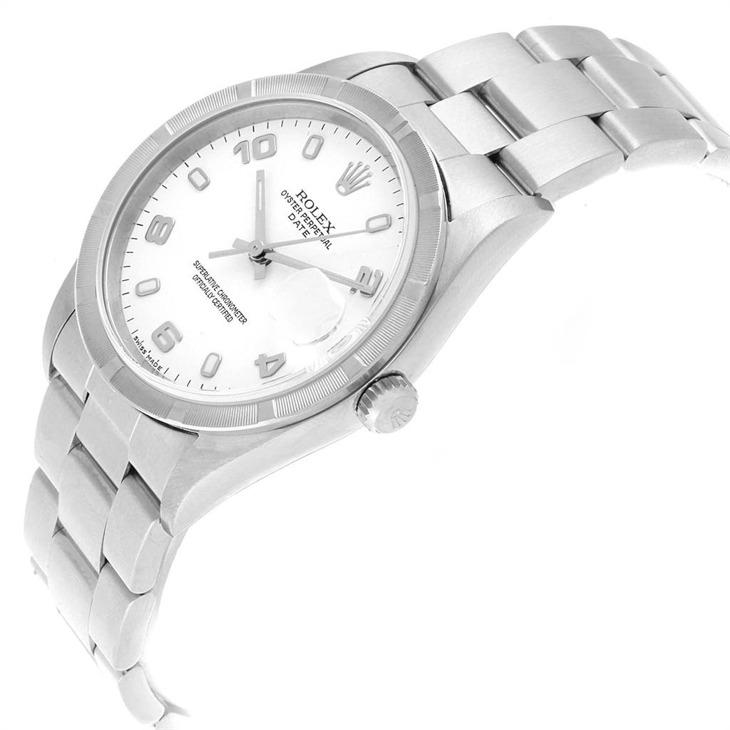 The image shows a side-angle view of the Rolex Date 15210 Men's Stainless Steel White Dial 15210 Men's Stainless Steel White Dial watch, featuring the dial, crown, and part of the bracelet.