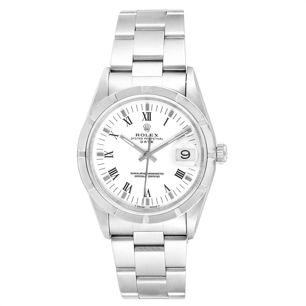 The image shows the Rolex Date 15210 Men's Stainless Steel White Dial 15210 Men's Stainless Steel White Dial model watch from a top-down angle, highlighting the dial, bezel, bracelet, and crown.