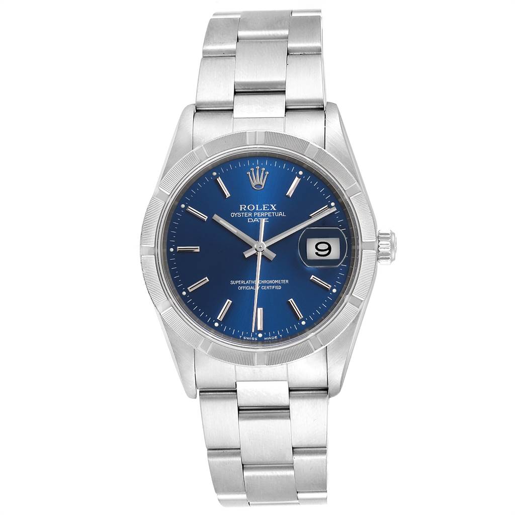 The image shows a front view of the Rolex Date 15210 Men's Stainless Steel Blue Dial 15210 Men's Stainless Steel Blue Dial model watch, displaying the blue dial, date window, and silver bracelet.